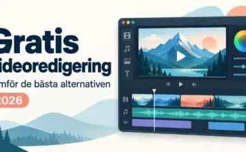 Gratis videoredigeringsprogram – jämför de bästa alternativen 2026 Illustration av ett videoredigeringsprogram med förhandsvisning, färghjul och tidslinje intill texten ”Gratis videoredigering – Jämför de bästa alternativen 2026”.