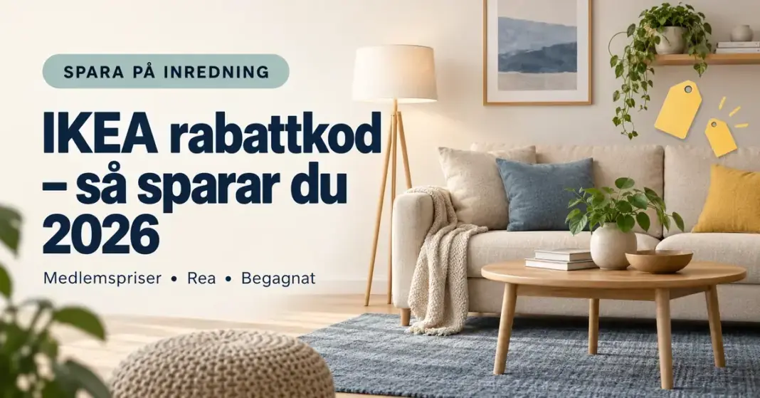 IKEA rabattkod – så sänker du priset på möbler och inredning 2026 Illustration med soffa, soffbord och prislappar samt text om att spara på IKEA genom medlemspriser, rea och begagnat 2026.