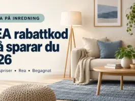 IKEA rabattkod – så sänker du priset på möbler och inredning 2026 Illustration med soffa, soffbord och prislappar samt text om att spara på IKEA genom medlemspriser, rea och begagnat 2026.