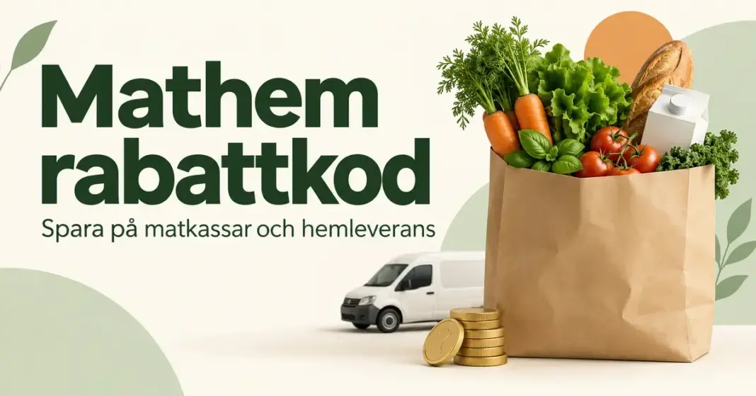 Mathem rabattkod – så sparar du på matkassar och hemleverans En matkasse med grönsaker, bröd och mjölk bredvid en leveransbil och mynt, med texten ”Mathem rabattkod – Spara på matkassar och hemleverans”.