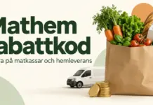 Mathem rabattkod – så sparar du på matkassar och hemleverans En matkasse med grönsaker, bröd och mjölk bredvid en leveransbil och mynt, med texten ”Mathem rabattkod – Spara på matkassar och hemleverans”.