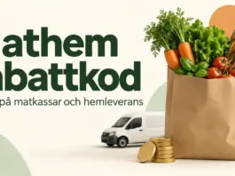 Mathem rabattkod – så sparar du på matkassar och hemleverans En matkasse med grönsaker, bröd och mjölk bredvid en leveransbil och mynt, med texten ”Mathem rabattkod – Spara på matkassar och hemleverans”.