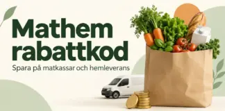 Mathem rabattkod – så sparar du på matkassar och hemleverans En matkasse med grönsaker, bröd och mjölk bredvid en leveransbil och mynt, med texten ”Mathem rabattkod – Spara på matkassar och hemleverans”.