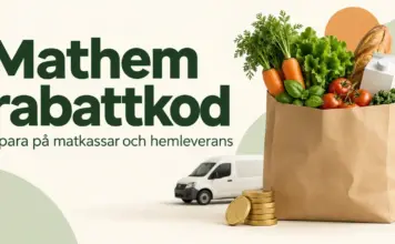 Mathem rabattkod – så sparar du på matkassar och hemleverans En matkasse med grönsaker, bröd och mjölk bredvid en leveransbil och mynt, med texten ”Mathem rabattkod – Spara på matkassar och hemleverans”.