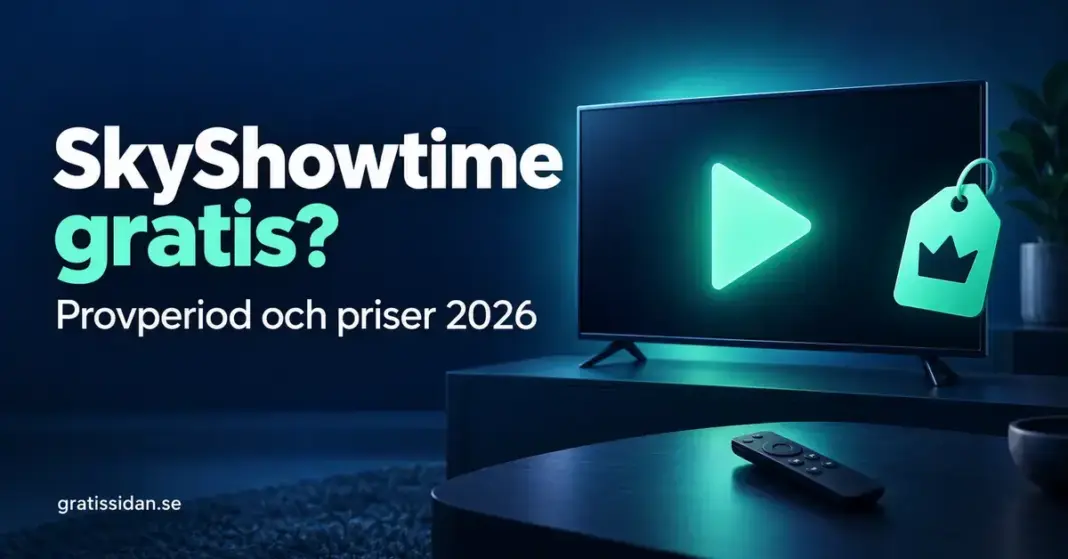SkyShowtime gratis – finns provperiod och vad kostar tjänsten 2026? Illustration av en tv med uppspelningssymbol, fjärrkontroll och prislapp intill texten ”SkyShowtime gratis? Provperiod och priser 2026”.