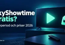 SkyShowtime gratis – finns provperiod och vad kostar tjänsten 2026? Illustration av en tv med uppspelningssymbol, fjärrkontroll och prislapp intill texten ”SkyShowtime gratis? Provperiod och priser 2026”.