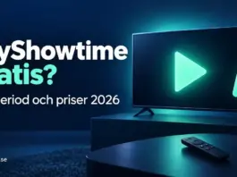 SkyShowtime gratis – finns provperiod och vad kostar tjänsten 2026? Illustration av en tv med uppspelningssymbol, fjärrkontroll och prislapp intill texten ”SkyShowtime gratis? Provperiod och priser 2026”.
