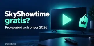SkyShowtime gratis – finns provperiod och vad kostar tjänsten 2026? Illustration av en tv med uppspelningssymbol, fjärrkontroll och prislapp intill texten ”SkyShowtime gratis? Provperiod och priser 2026”.