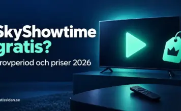 SkyShowtime gratis – finns provperiod och vad kostar tjänsten 2026? Illustration av en tv med uppspelningssymbol, fjärrkontroll och prislapp intill texten ”SkyShowtime gratis? Provperiod och priser 2026”.