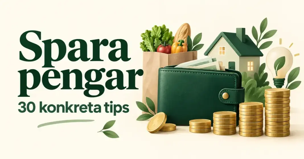 Spara pengar – 30 konkreta tips för att få mer kvar i plånboken En grön plånbok med myntstaplar, en matkasse, ett hus och en glödlampa intill texten ”Spara pengar – 30 konkreta tips”.