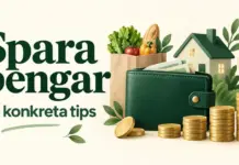 Spara pengar – 30 konkreta tips för att få mer kvar i plånboken En grön plånbok med myntstaplar, en matkasse, ett hus och en glödlampa intill texten ”Spara pengar – 30 konkreta tips”.