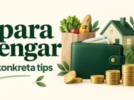 Spara pengar – 30 konkreta tips för att få mer kvar i plånboken En grön plånbok med myntstaplar, en matkasse, ett hus och en glödlampa intill texten ”Spara pengar – 30 konkreta tips”.
