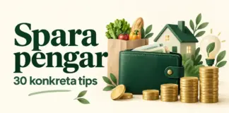 Spara pengar – 30 konkreta tips för att få mer kvar i plånboken En grön plånbok med myntstaplar, en matkasse, ett hus och en glödlampa intill texten ”Spara pengar – 30 konkreta tips”.