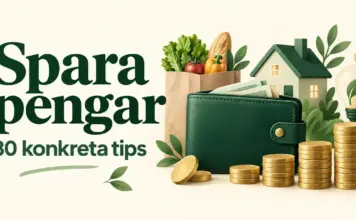 Spara pengar – 30 konkreta tips för att få mer kvar i plånboken En grön plånbok med myntstaplar, en matkasse, ett hus och en glödlampa intill texten ”Spara pengar – 30 konkreta tips”.