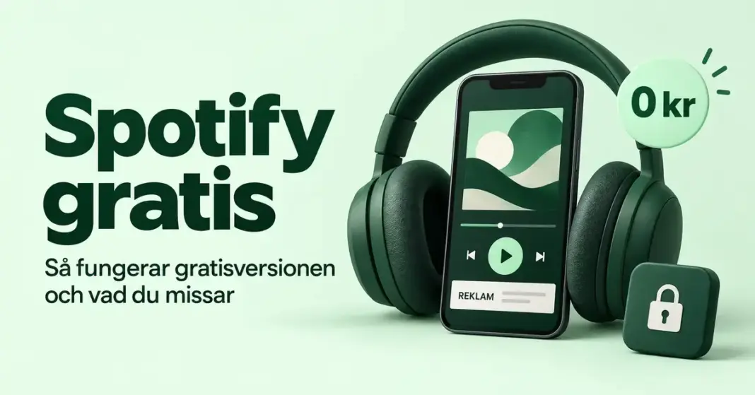 Spotify gratis – så fungerar gratisversionen och vad du missar Illustration om Spotify gratis med hörlurar, en mobil med musikspelare och reklam samt en nollkronorssymbol och ett hänglås för begränsade funktioner.