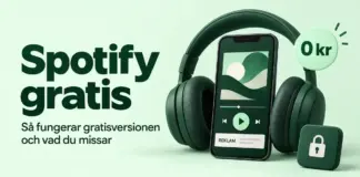 Spotify gratis – så fungerar gratisversionen och vad du missar Illustration om Spotify gratis med hörlurar, en mobil med musikspelare och reklam samt en nollkronorssymbol och ett hänglås för begränsade funktioner.