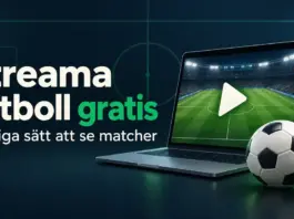 Streama fotboll gratis – lagliga sätt att se matcher utan att betala Grafik med texten ”Streama fotboll gratis – Lagliga sätt att se matcher”, en bärbar dator med fotbollsplan och uppspelningssymbol, en fotboll och en grön sköld med bock.