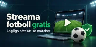 Streama fotboll gratis – lagliga sätt att se matcher utan att betala Grafik med texten ”Streama fotboll gratis – Lagliga sätt att se matcher”, en bärbar dator med fotbollsplan och uppspelningssymbol, en fotboll och en grön sköld med bock.
