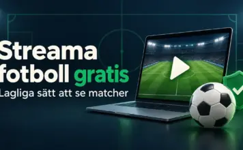 Streama fotboll gratis – lagliga sätt att se matcher utan att betala Grafik med texten ”Streama fotboll gratis – Lagliga sätt att se matcher”, en bärbar dator med fotbollsplan och uppspelningssymbol, en fotboll och en grön sköld med bock.
