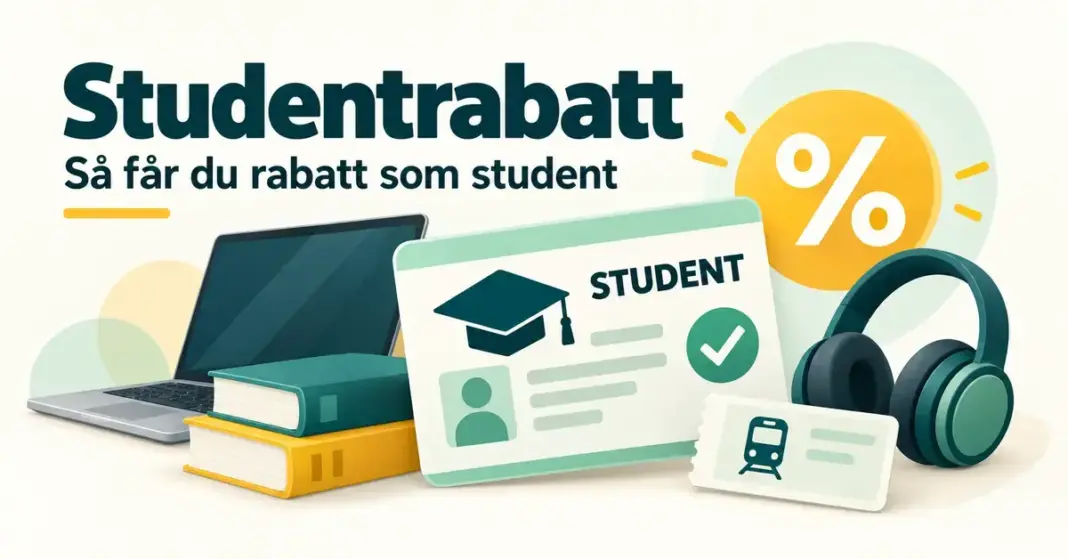 Studentrabatt – så får du rabatt som student (Mecenat, Studentkortet m.fl.) Illustration av ett studentkort, en dator, kursböcker, hörlurar och en tågbiljett intill ett procenttecken och texten ”Studentrabatt – Så får du rabatt som student”.
