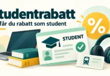 Studentrabatt – så får du rabatt som student (Mecenat, Studentkortet m.fl.) Illustration av ett studentkort, en dator, kursböcker, hörlurar och en tågbiljett intill ett procenttecken och texten ”Studentrabatt – Så får du rabatt som student”.