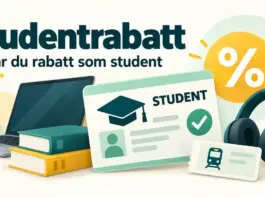 Studentrabatt – så får du rabatt som student (Mecenat, Studentkortet m.fl.) Illustration av ett studentkort, en dator, kursböcker, hörlurar och en tågbiljett intill ett procenttecken och texten ”Studentrabatt – Så får du rabatt som student”.