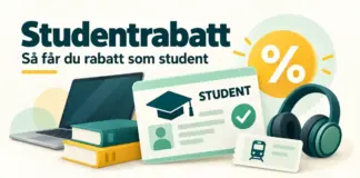Studentrabatt – så får du rabatt som student (Mecenat, Studentkortet m.fl.) Illustration av ett studentkort, en dator, kursböcker, hörlurar och en tågbiljett intill ett procenttecken och texten ”Studentrabatt – Så får du rabatt som student”.