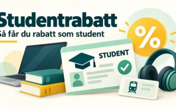 Studentrabatt – så får du rabatt som student (Mecenat, Studentkortet m.fl.) Illustration av ett studentkort, en dator, kursböcker, hörlurar och en tågbiljett intill ett procenttecken och texten ”Studentrabatt – Så får du rabatt som student”.