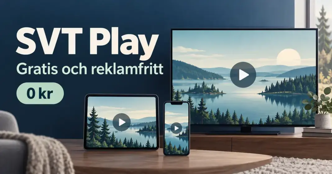 SVT Play gratis – så funkar den reklamfria tjänsten och vad som ingår Tv, surfplatta och mobil visar ett nordiskt sjölandskap med uppspelningssymboler bredvid texten ”SVT Play – Gratis och reklamfritt” och ”0 kr”.