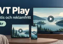 SVT Play gratis – så funkar den reklamfria tjänsten och vad som ingår Tv, surfplatta och mobil visar ett nordiskt sjölandskap med uppspelningssymboler bredvid texten ”SVT Play – Gratis och reklamfritt” och ”0 kr”.