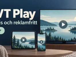SVT Play gratis – så funkar den reklamfria tjänsten och vad som ingår Tv, surfplatta och mobil visar ett nordiskt sjölandskap med uppspelningssymboler bredvid texten ”SVT Play – Gratis och reklamfritt” och ”0 kr”.