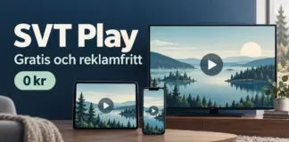 SVT Play gratis – så funkar den reklamfria tjänsten och vad som ingår Tv, surfplatta och mobil visar ett nordiskt sjölandskap med uppspelningssymboler bredvid texten ”SVT Play – Gratis och reklamfritt” och ”0 kr”.