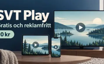 SVT Play gratis – så funkar den reklamfria tjänsten och vad som ingår Tv, surfplatta och mobil visar ett nordiskt sjölandskap med uppspelningssymboler bredvid texten ”SVT Play – Gratis och reklamfritt” och ”0 kr”.