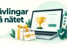 Tävlingar på nätet – så hittar du seriösa tävlingar och ökar chansen att vinna Illustration med texten ”Tävlingar på nätet”, en dator med en pokal, ett paket, ett presentkort och symboler för kontroll och trygghet.