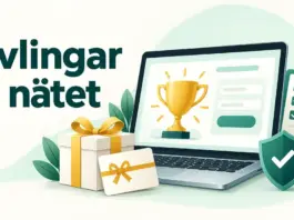 Tävlingar på nätet – så hittar du seriösa tävlingar och ökar chansen att vinna Illustration med texten ”Tävlingar på nätet”, en dator med en pokal, ett paket, ett presentkort och symboler för kontroll och trygghet.