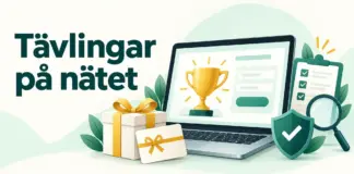 Tävlingar på nätet – så hittar du seriösa tävlingar och ökar chansen att vinna Illustration med texten ”Tävlingar på nätet”, en dator med en pokal, ett paket, ett presentkort och symboler för kontroll och trygghet.