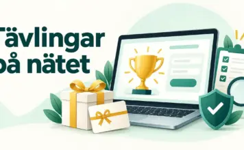 Tävlingar på nätet – så hittar du seriösa tävlingar och ökar chansen att vinna Illustration med texten ”Tävlingar på nätet”, en dator med en pokal, ett paket, ett presentkort och symboler för kontroll och trygghet.