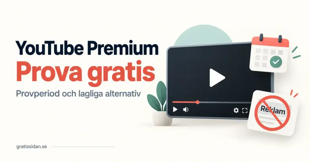 YouTube Premium gratis – provperiod och lagliga sätt att slippa reklam Illustration av en videospelare, en kalender med bock och en överstruken reklamskylt bredvid text om gratis provperiod för YouTube Premium och lagliga alternativ.