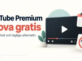 YouTube Premium gratis – provperiod och lagliga sätt att slippa reklam Illustration av en videospelare, en kalender med bock och en överstruken reklamskylt bredvid text om gratis provperiod för YouTube Premium och lagliga alternativ.