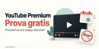 YouTube Premium gratis – provperiod och lagliga sätt att slippa reklam Illustration av en videospelare, en kalender med bock och en överstruken reklamskylt bredvid text om gratis provperiod för YouTube Premium och lagliga alternativ.