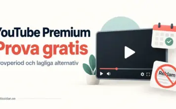 YouTube Premium gratis – provperiod och lagliga sätt att slippa reklam Illustration av en videospelare, en kalender med bock och en överstruken reklamskylt bredvid text om gratis provperiod för YouTube Premium och lagliga alternativ.